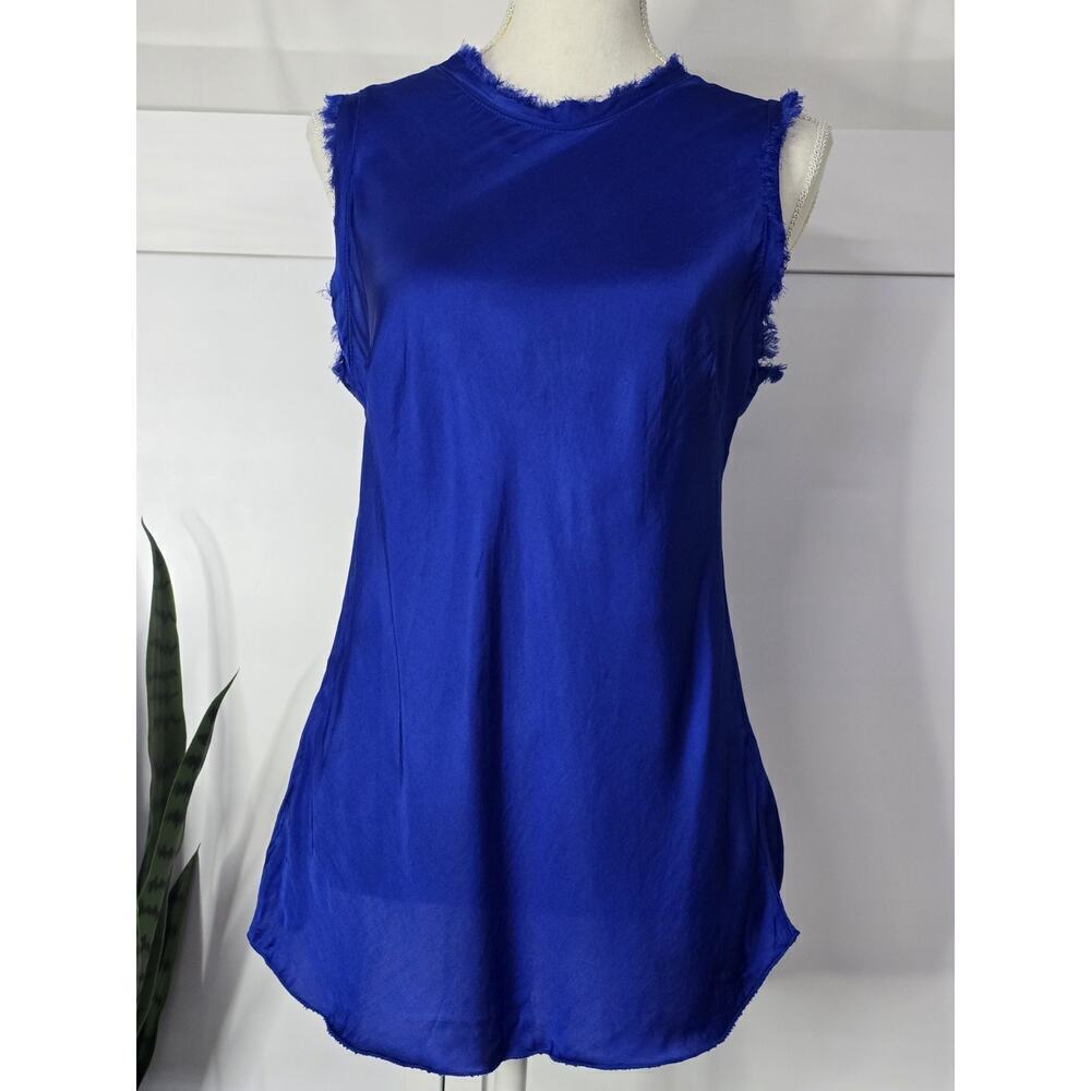 Bognar Blu Women's Round Neck Fringe Sleeveless Workwear Blouse Blue Size S